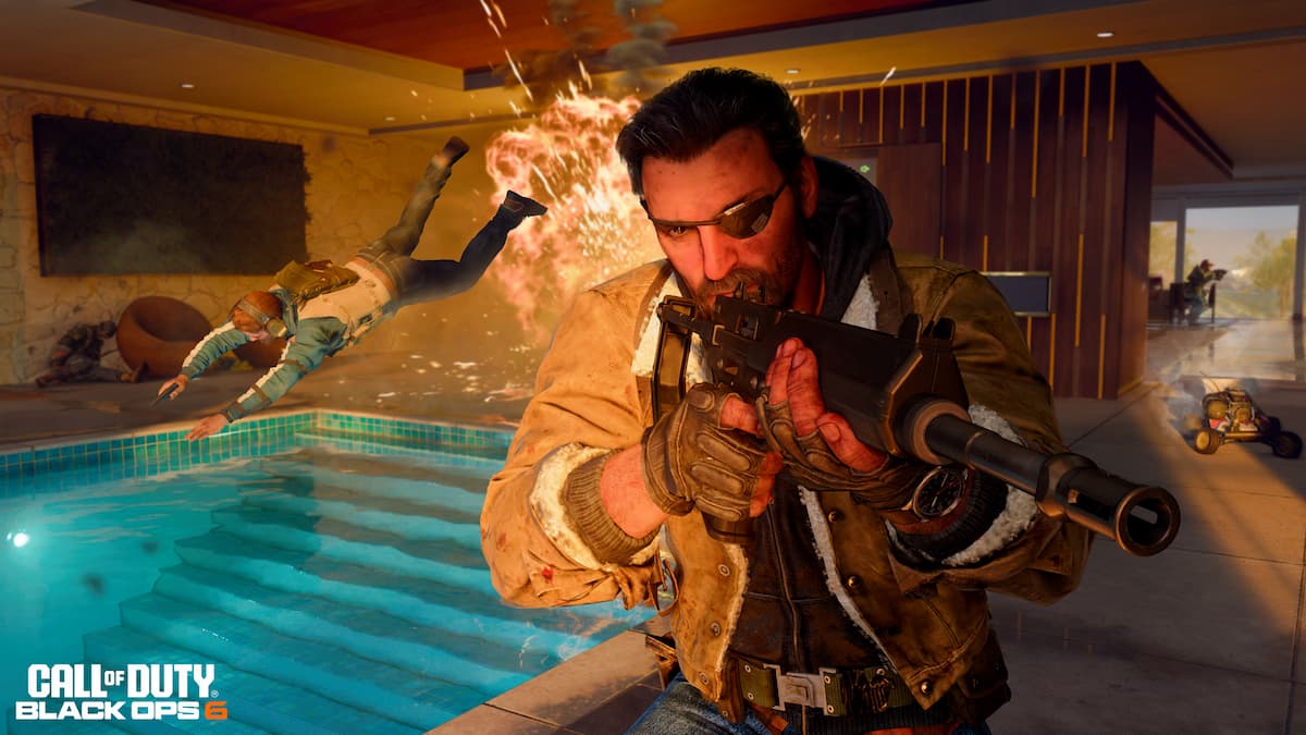 Black Ops 6 multiplayer screenshot featuring Weaver as someone dies in a pool behind him.